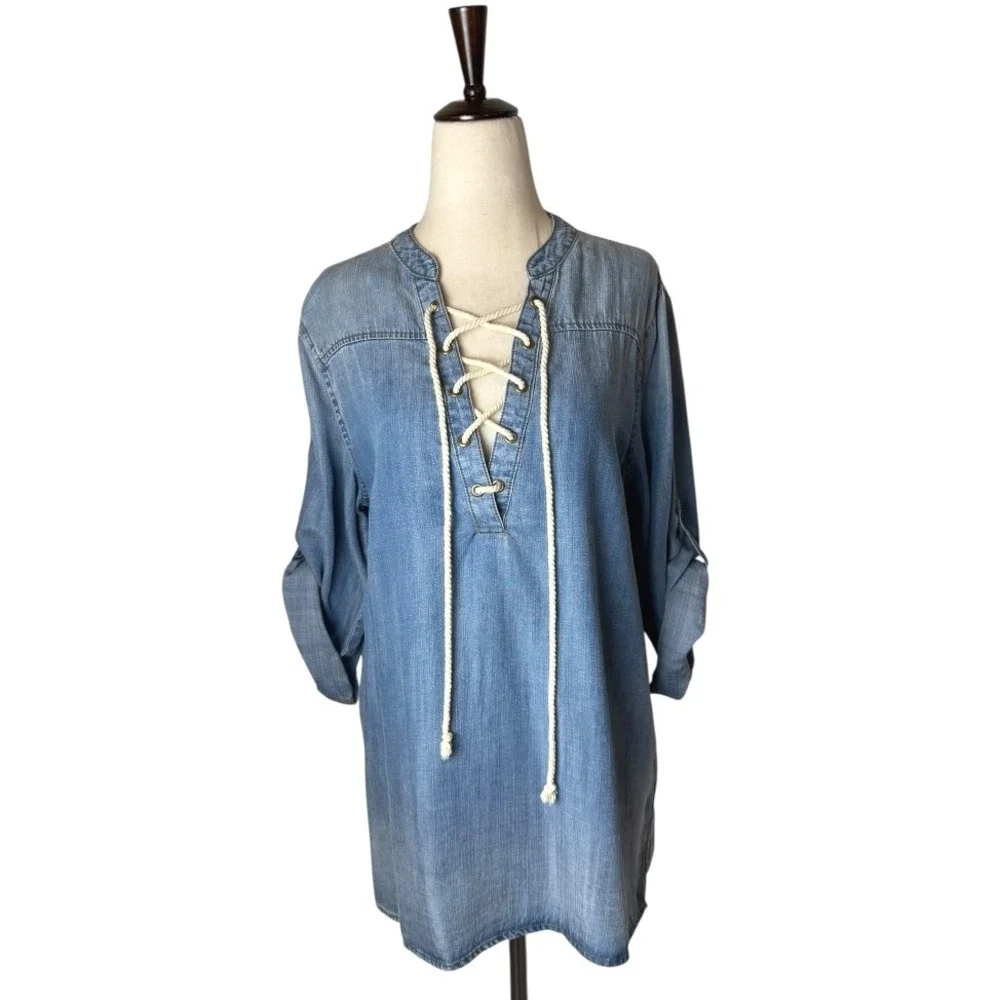 Karlie‎ Shirt Women Large Blue Chambray Tencel Lace Up Roll Tab Sleeve Tunic Top